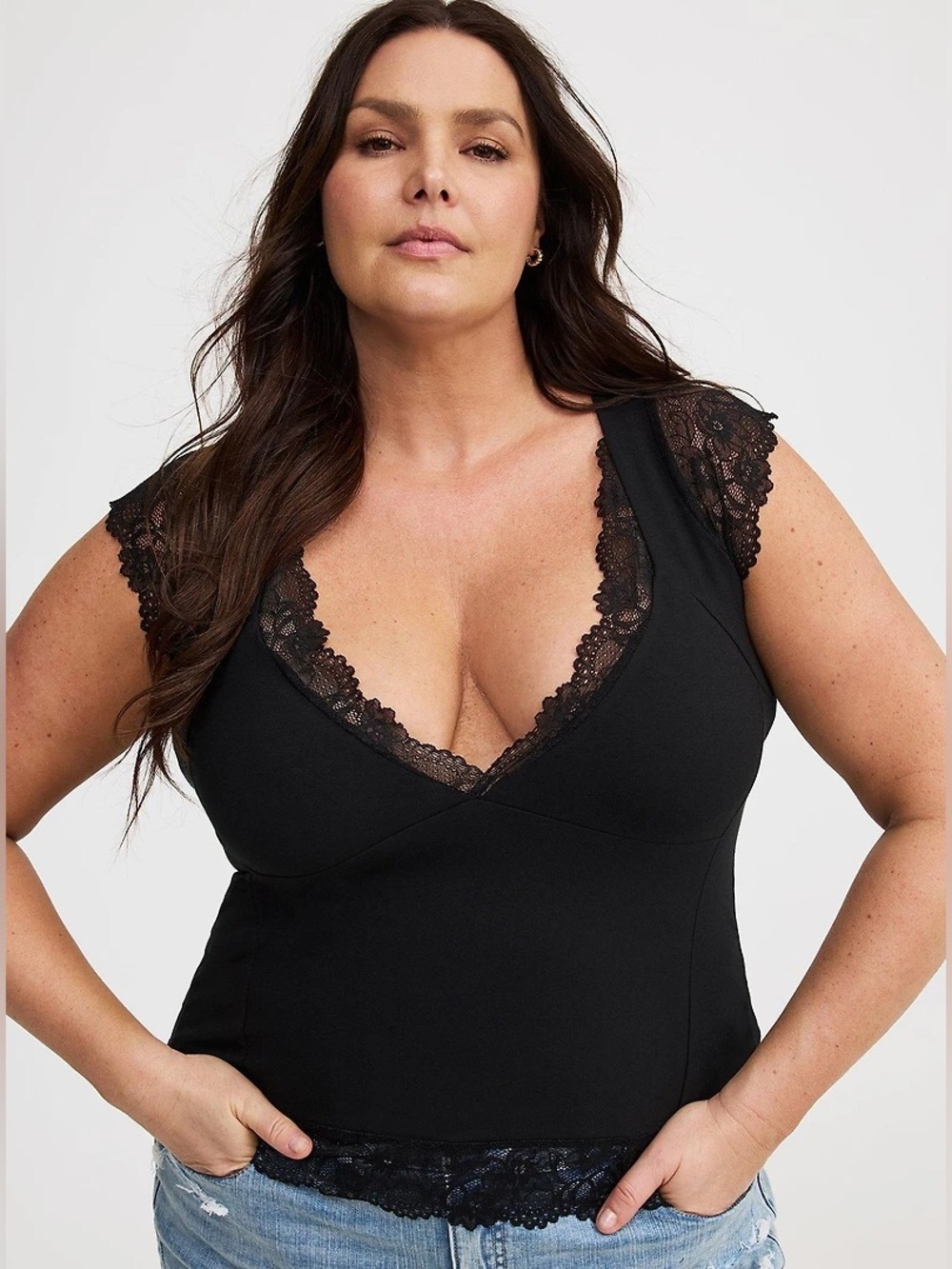 torrid Foxy Sweetheart Black Lace-Trim V-Neck Sleeveless Top 1